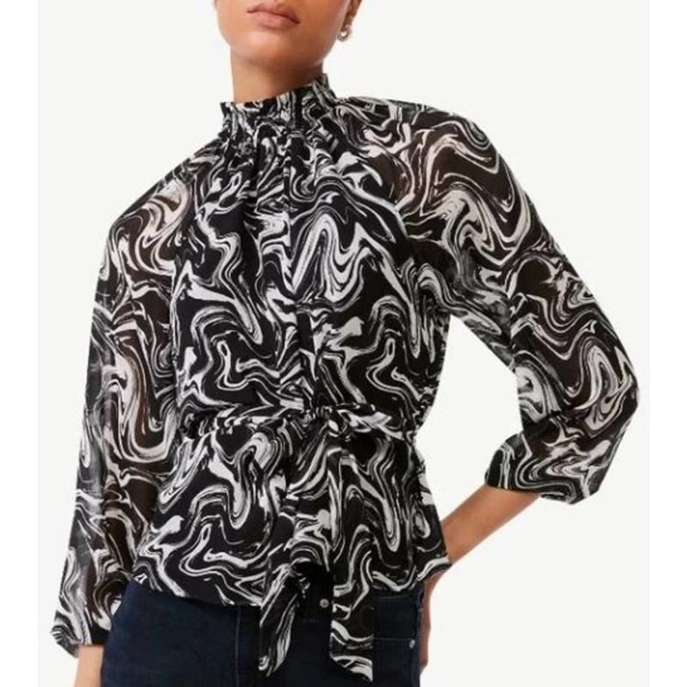 Scoop Smock Neck Tie Waist Blouse in Black Marble - XXL (20)